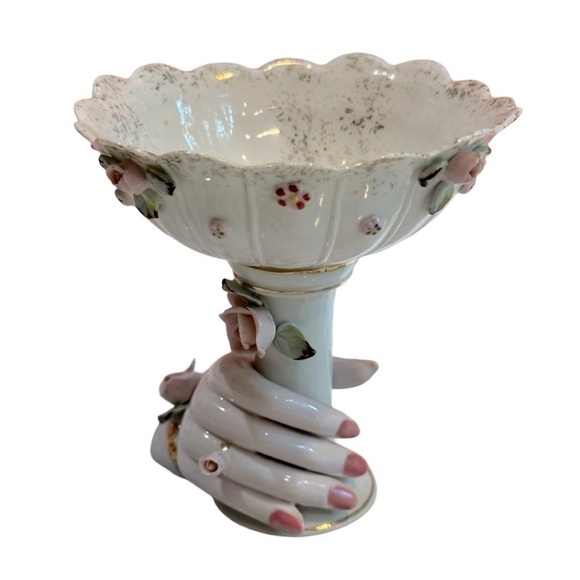 VTG Bone China Porcelain Flowers Compote Bowl‎ Stand with Antique Ladies Hand - Picture 1 of 9